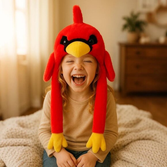 Kids Cardinal Animal Hat with Ears Moving Jumping Pop Up Beating Plush Holiday - Picture 2 of 9